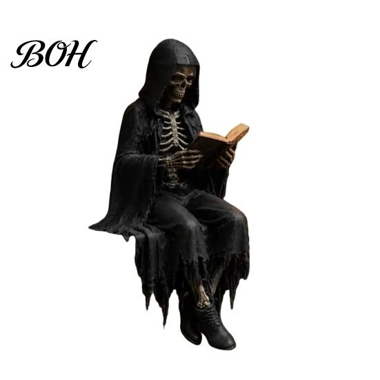 Skeleton Reader Figurine Gothic Dark Fantasy Figure, Reading Book Statue, Academy Bookshelf Ornament Home Decor for Library Office Study Room