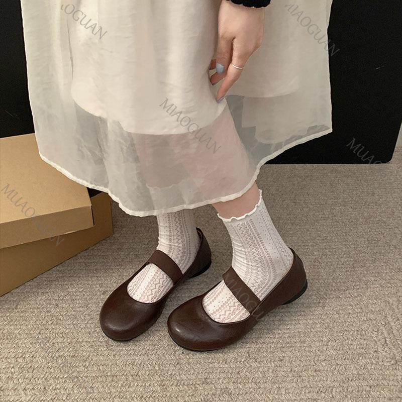 Fashion Black Single Shoes Retro Soft Bottom Round Toe Slip on Women's Flats Casual Solid Belt Shallow Mouth Ballet Mary Jane Loafers