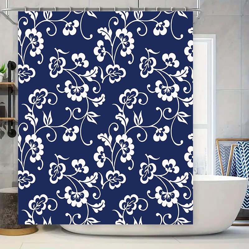 

Modern Home Decor Shower Curtain With Floral Pattern Navy Blue White Design For Bathroom Easy Installation In Various Sizes (Cus W60H190(CM)-1 Pcs