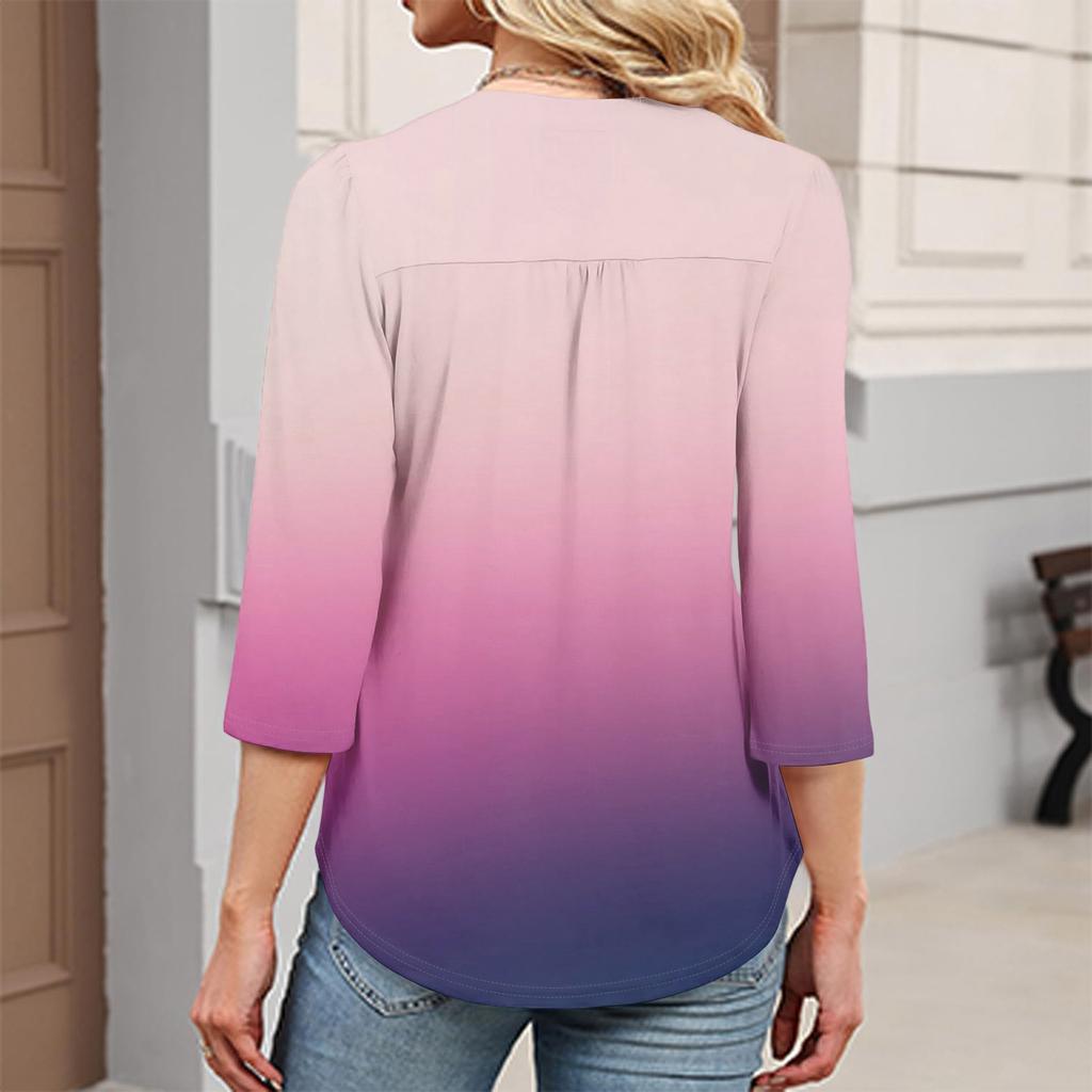 Modisches lässiges Damen-T-Shirt-Top mit Farbblock-Gradienten-Print, V-Ausschnitt, Knopfleiste und Dreiviertelärmeln