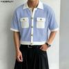 INCERUN Summer Men Lapel Short Sleeve Striped Print Patchwork Button Up Casual Crop Shirts