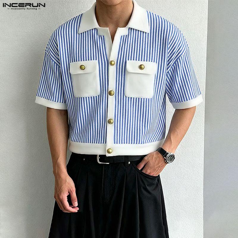 INCERUN Summer Men Lapel Short Sleeve Striped Print Patchwork Button Up Casual Crop Shirts