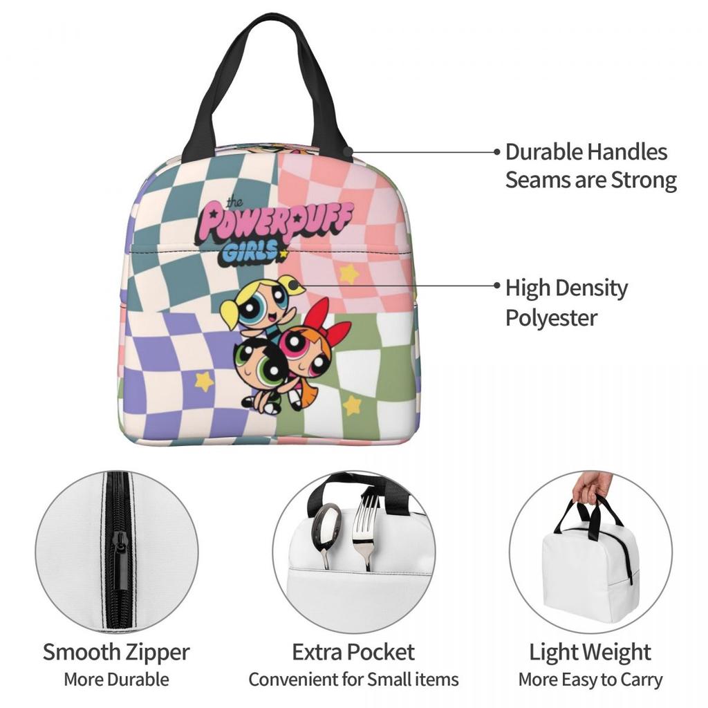 P-PowerPuffs Cartoon Accessories Insulated Lunch Bags For Work Food Storage Bag Portable Cooler Thermal Bento Box