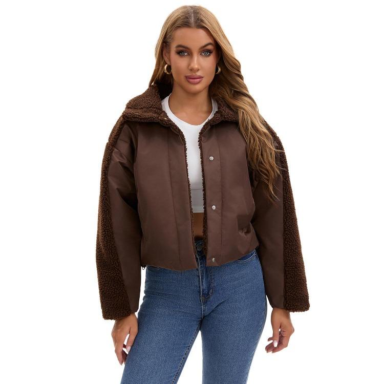 Vintage Style Womens Plush Fleece Bomber Jacket Windproof Warm Loose Fit Lapel Zipper Short Coat Long Sleeves Outerwear Autumn Winter Tops