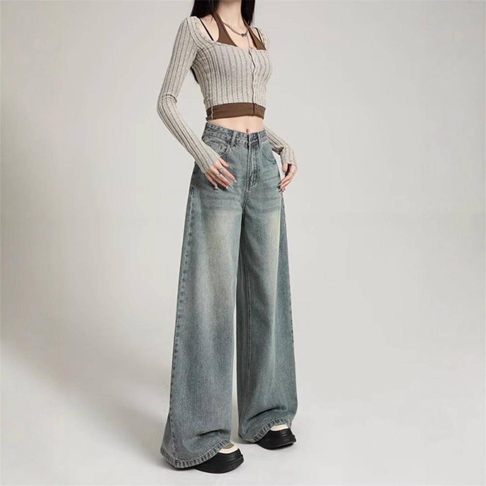 Retro A-line Wide-Leg Jeans for Women - Spring/Autumn 2026 Slimming Loose Fit Fashion Pants