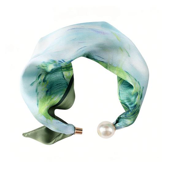 Silk Scarf Necklace with Striped and Leopard Dot Print and Faux Pearl Closure