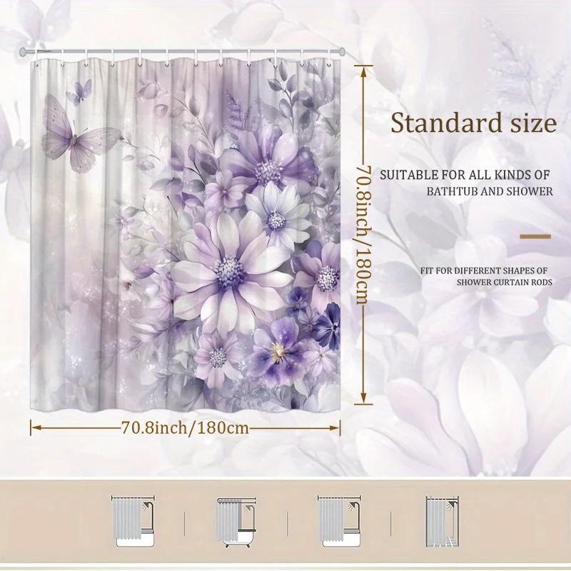 ~O~1pc Lavender Floral & Butterfly Shower Curtain - Purple Daisies & Asters, Dreamy Gradient Background, Polyester, 70.8x70.8"
