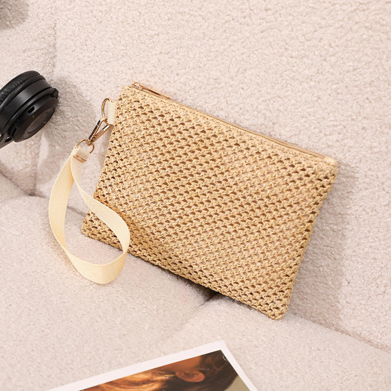 Fashion Straw Woven Bag For Women Hollow Out Beach Handbag With Wrist Strap Portable Phone Purse Solid Color Simple Cash Bag Summer Accessory