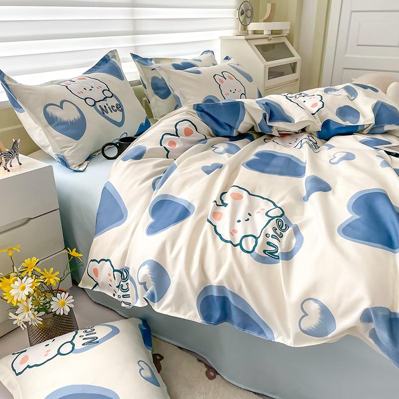Blue Love Duvet Cover Set Heart Shaped Cute Rabbit Print Bedding Sets For Women Girls Teens Bed Set Flat Sheet Reversible Covers