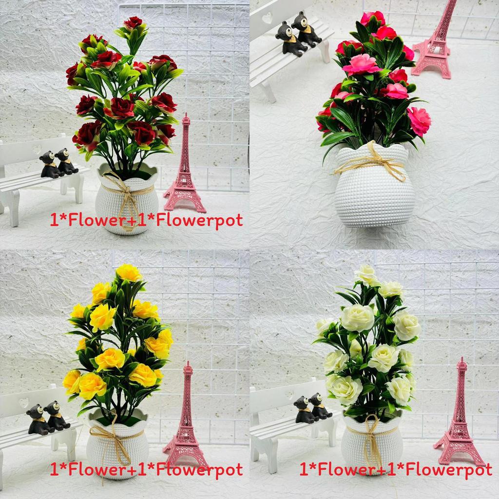 Artificial Plant Pot With Bright Red Silk Flowers For Entryway And Decorative Display