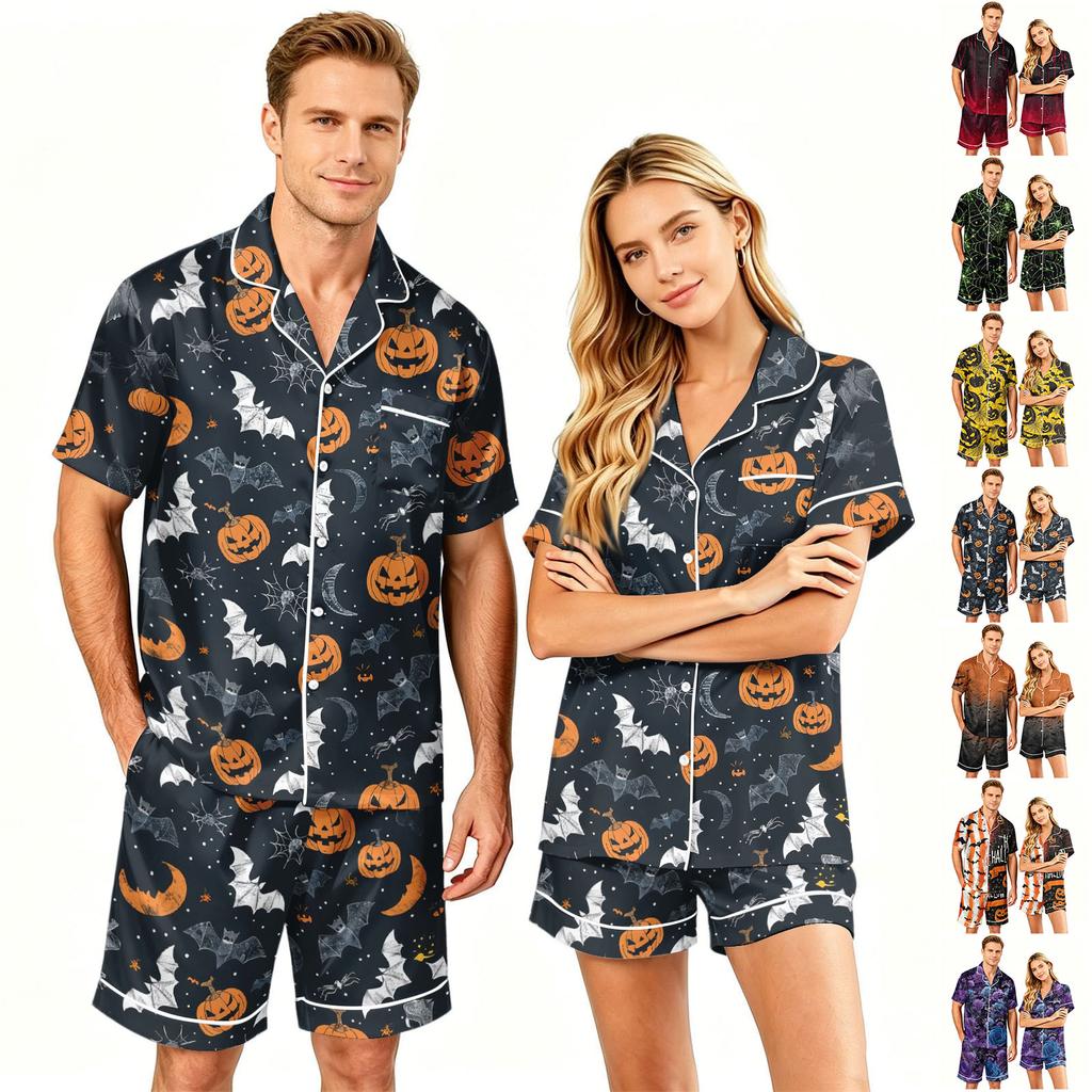 Couple Halloween Pajama Set Short Sleeve Button Down Shirt with Shorts Soft Casual Sleepwear S-XXXXL Matching Outfits for Men and Women