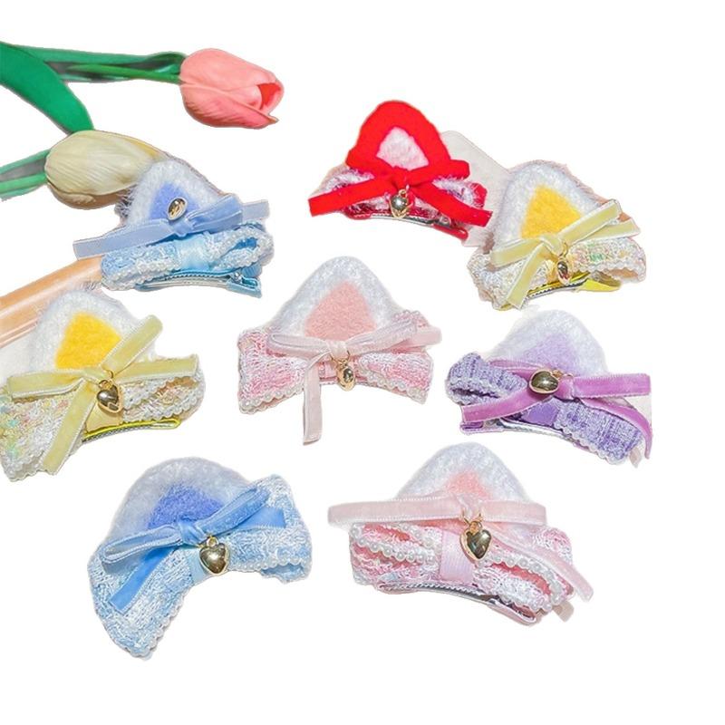 Cute Baby Cat Ear Bow Hair Clips - Winter New Plush 3D Hair Accessories for Kids, Soft & Gentle on Hair, Adorable Bangs Clips