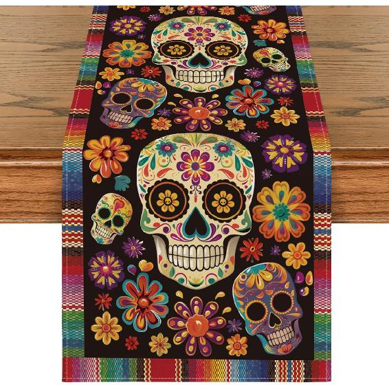 Artoid Mode Flowers Sugar Skull Mexican Day of The Dead Table Runner, Dia De Los Muertos Kitchen Dining Table Decoration for Home Party Decor 13x72