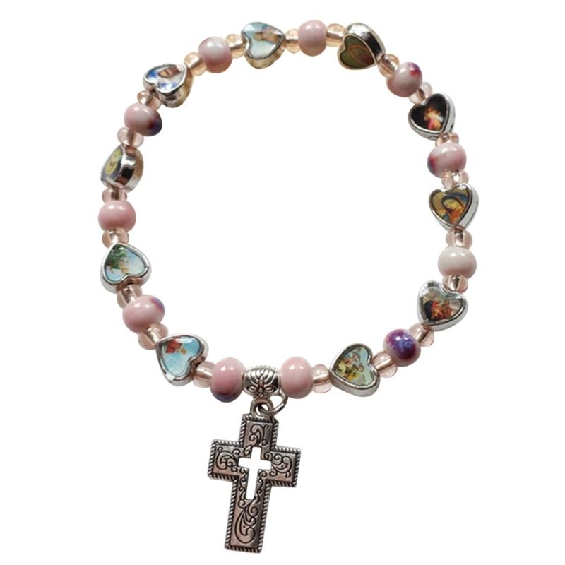 Cross Pendant Strand Bracelets Elastic Bead Bangles Women Jewelry Gift Beaded Bracelets Pendant Bracelets for Girl Women