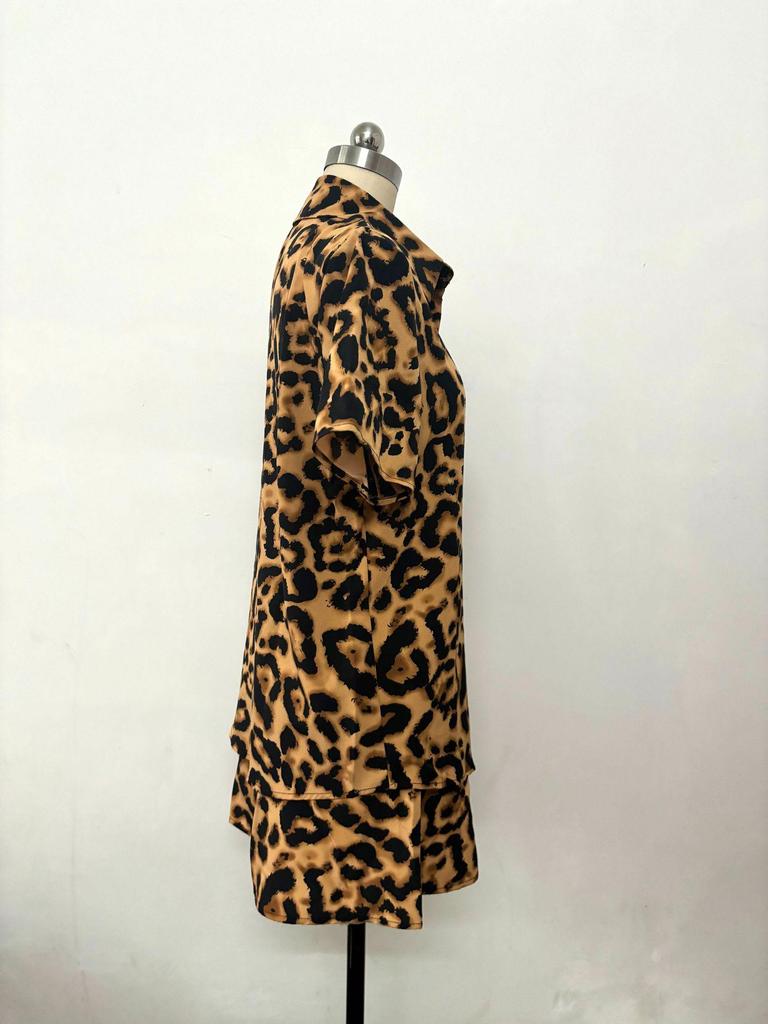 Leopard Print Short Sleeve Shirt & Shorts Set - Women's Summer Two-Piece