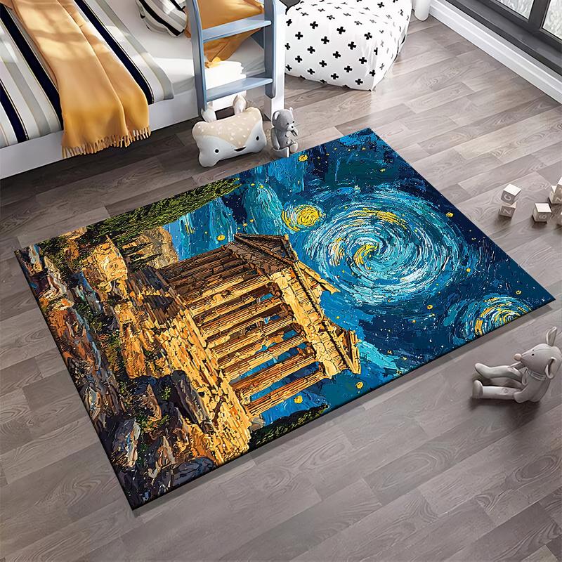 "Ancient Greek Parthenon with Starry Night Design Decorative Carpet" Suitable for use as an anti-slip for living room bedroom sofas