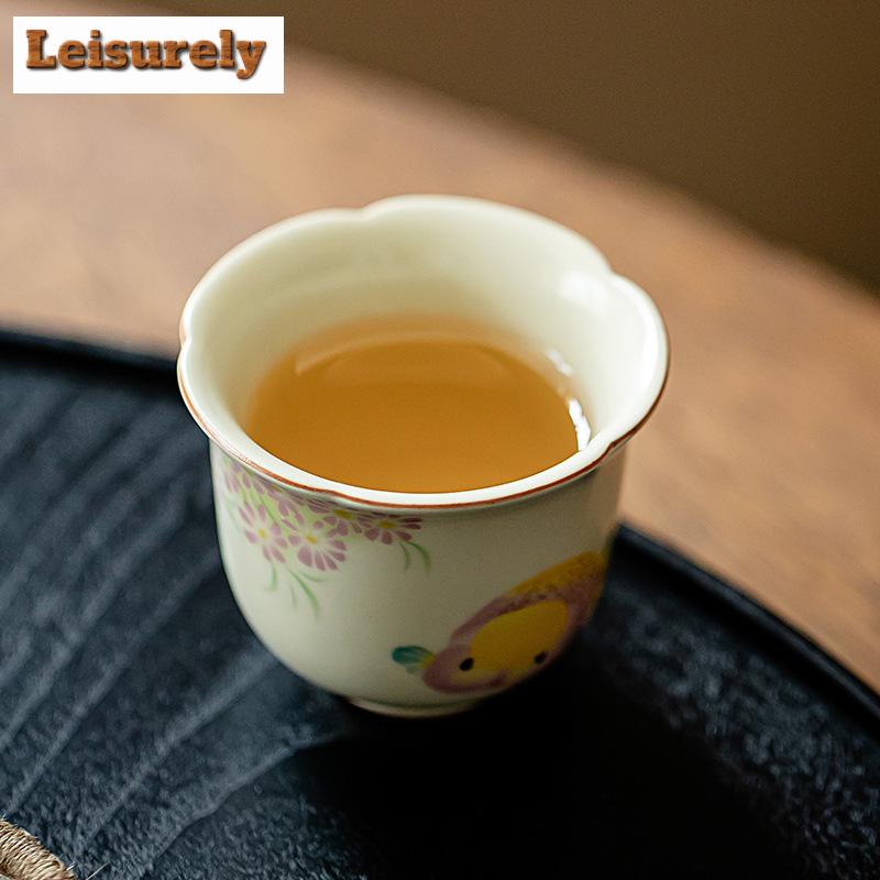 2pc/set Retro Ru Kiln Ceramic Teacup Creative Golden Fish Master Cup Small Flower Mouth Cup Can Raise Mug Kung Fu Tea Set 50ml