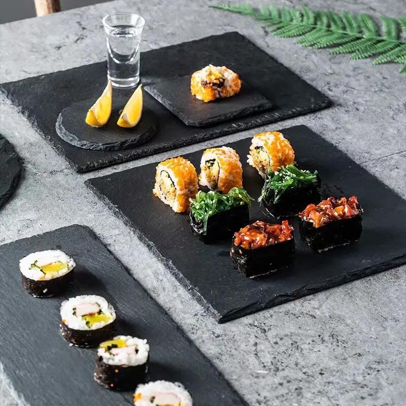 Black Stone Round Natural Slate Western Steak Plates Slate Dinner Plate Kitchen Cheese Pizza Flat Fruit Tray  Plate For Wedding