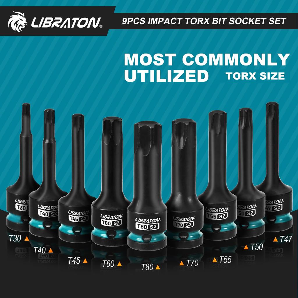 LIBRATON Torx Bit Socket Set, 1/2-inch (12.7mm) Drive, S2 Steel, Star Bit Socket Set, T30-T80, Impact Torx Socket Set, 9-Piece Set