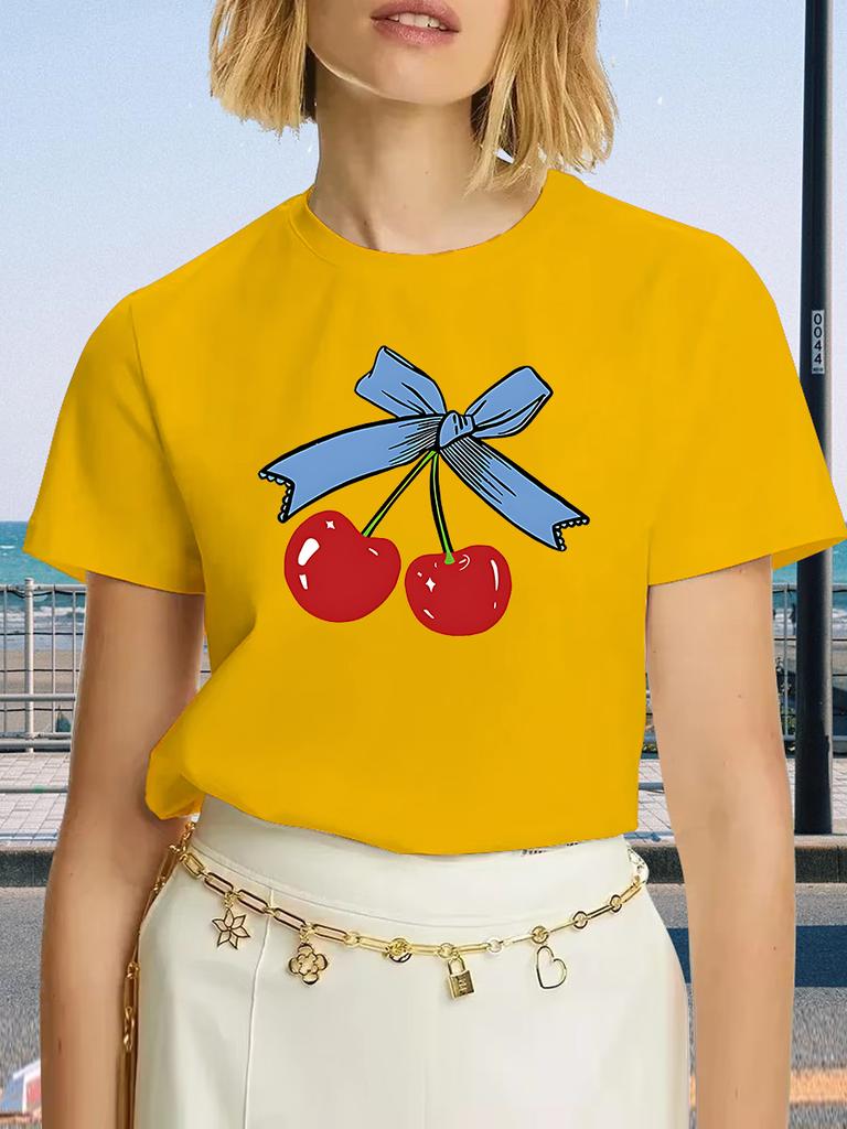 Dámské tričko plus size Originální design Módní mašlička Vzor třešní Potisk Dámské ležérní s kulatým výstřihem s krátkým rukávem