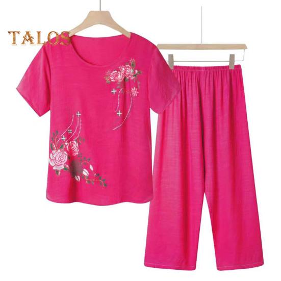2 Pcs/Set Women T-shirt Pants Set Homewear Outfit Solid Color Floral Print Round Neck Short Sleeve Top Wide Leg Elastic Waist Loose Pants Pajamas