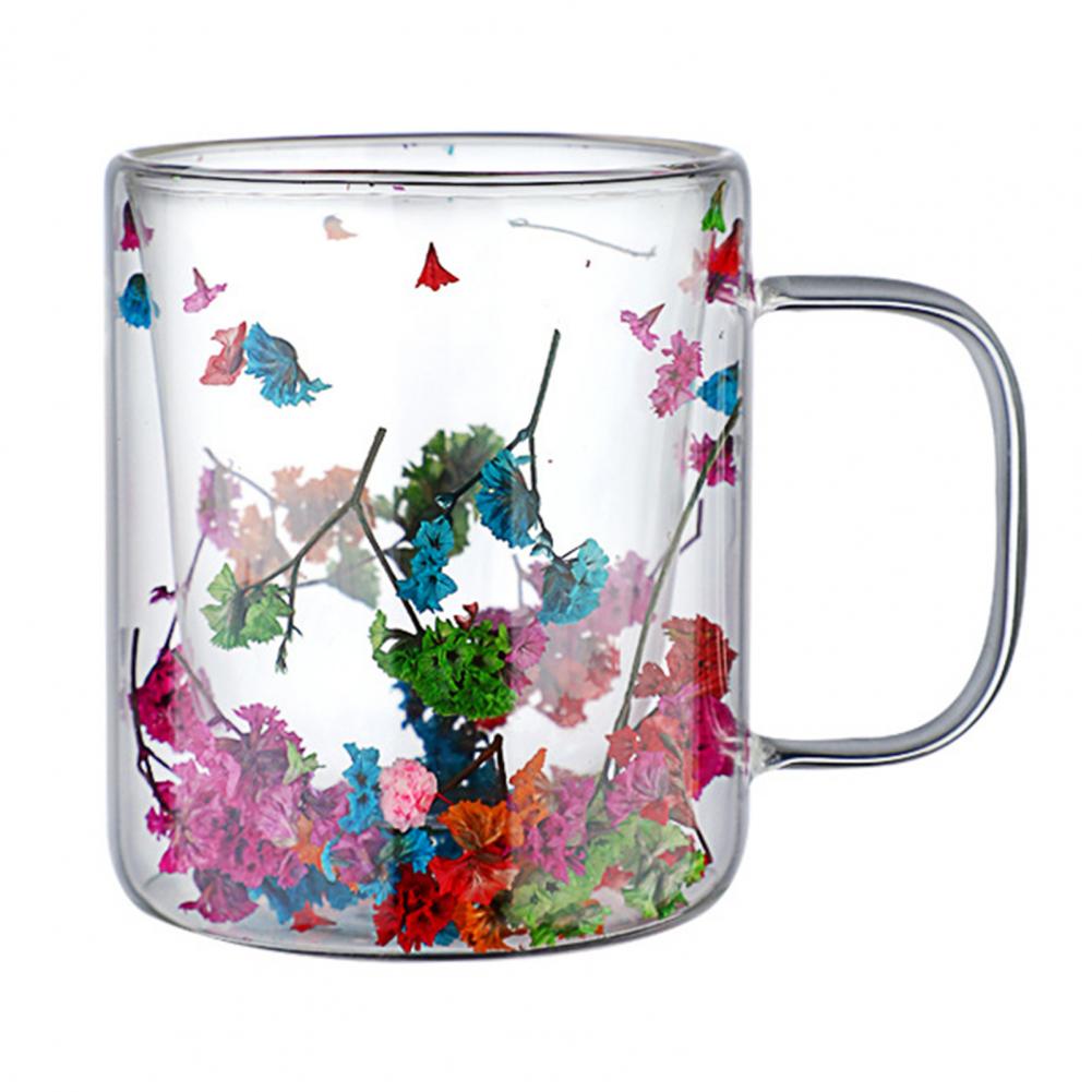 Double Wall Glass Coffee Mug with Handle Colorful Petal Design Tumbler Creative Insulated Cup for Hot Cold Beverages Cappuccino