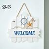 Beach House Accessories Mediterranean Style Wooden Welcome Sign, Starfish And Shells Hanging Seaside Inspired Wall Ornament Plaque, Decorative Art for