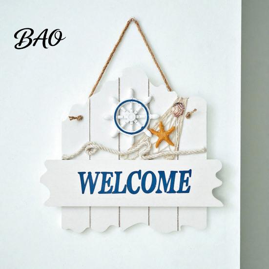 Beach House Accessories Mediterranean Style Wooden Welcome Sign, Starfish And Shells Hanging Seaside Inspired Wall Ornament Plaque, Decorative Art for