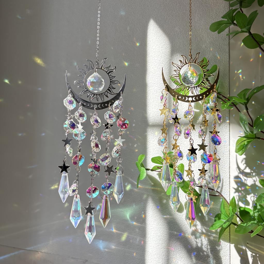 Sonnenfänger Kristall Windspiel Mond Metall Hängeanhänger Regenbogen Sonnenfänger Fenster Auto Hänger Gartendekorationen