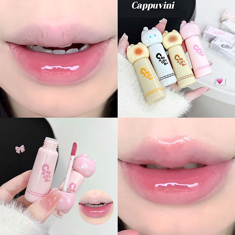 Mirror Water Lip Gloss Cute Cat Crystal Jelly Lipstick Hydrating Plumping Moisturizing Lip Tint Waterproof Non Stick Cup Makeup