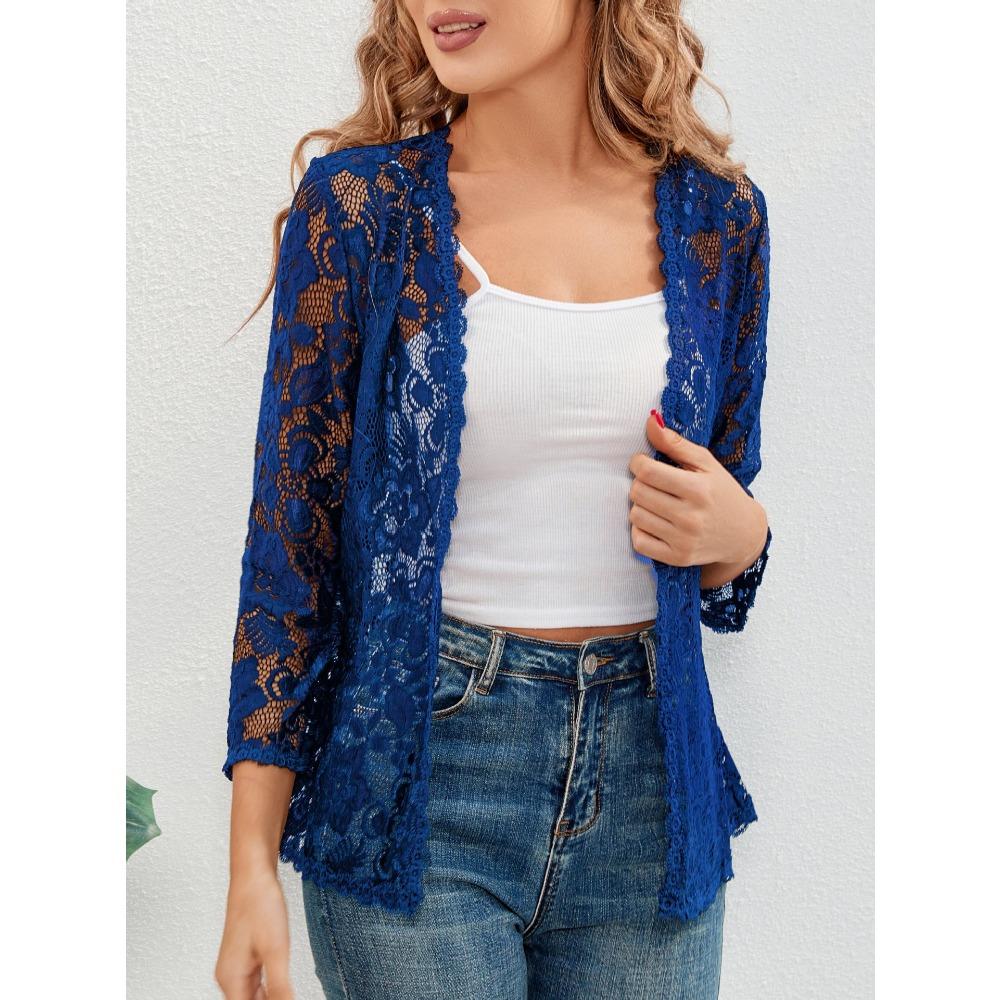 Nový volný a všestranný plus-size krajkový top s ochranou proti slunci a průsvitným kardiganem s výstřihem