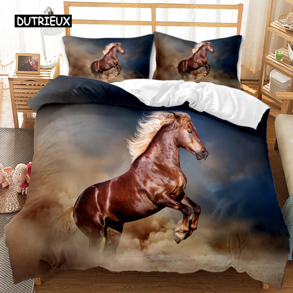 Horse Duvet Cover Set 3D Steed Print Comforter Cover Wildlife Bedding Set Animal Polyester Quilt Cover Double Queen King Size