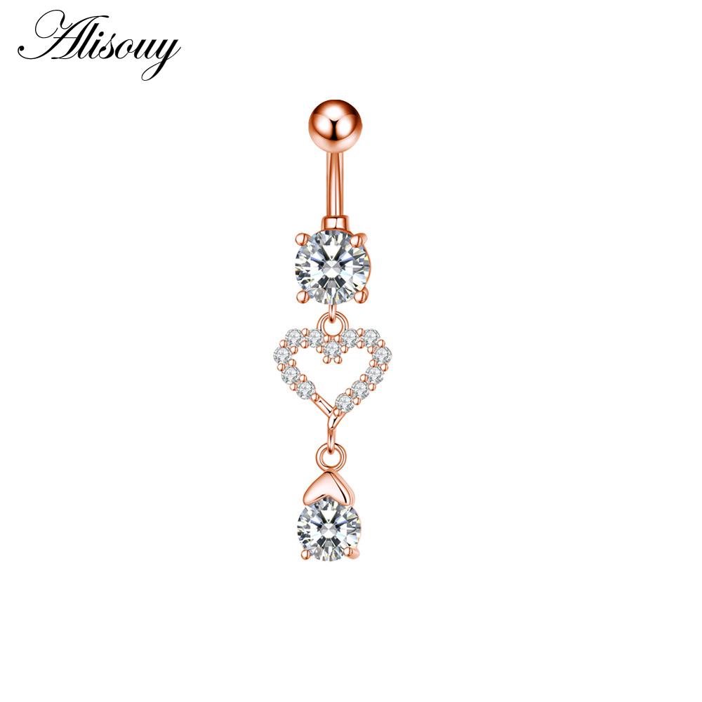 Alisouy 1pc Zircon Sexy Long Belly Ring Star Sun Moon Heart Navel Piercing Surgical Steel Women Belly Button Ring Navel Jewelry