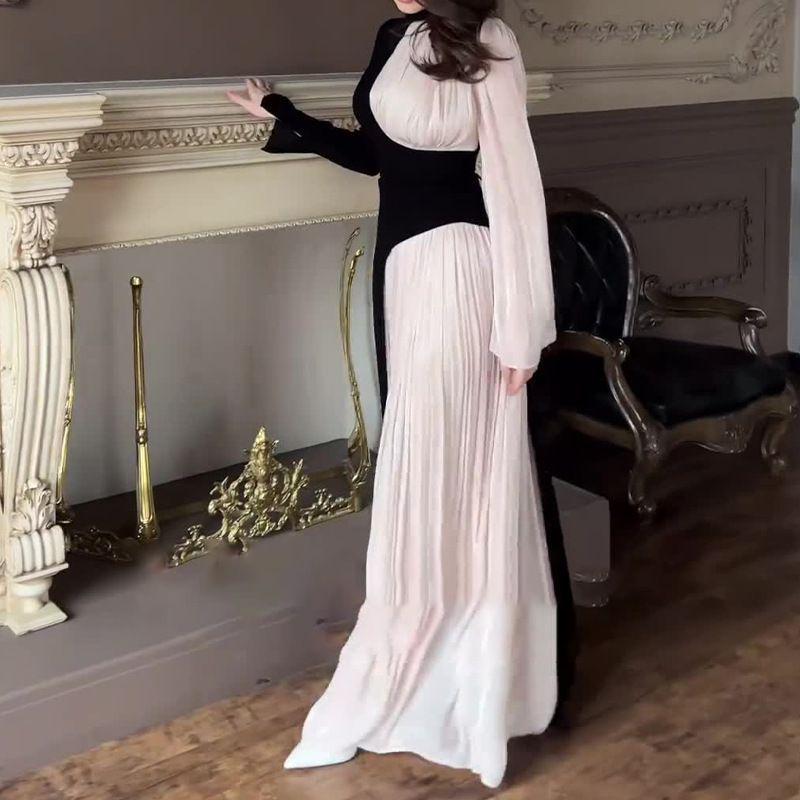 Women's Retro Slimming Evening Dress - Color Block, Round Neck, Long Sleeve, High Waist