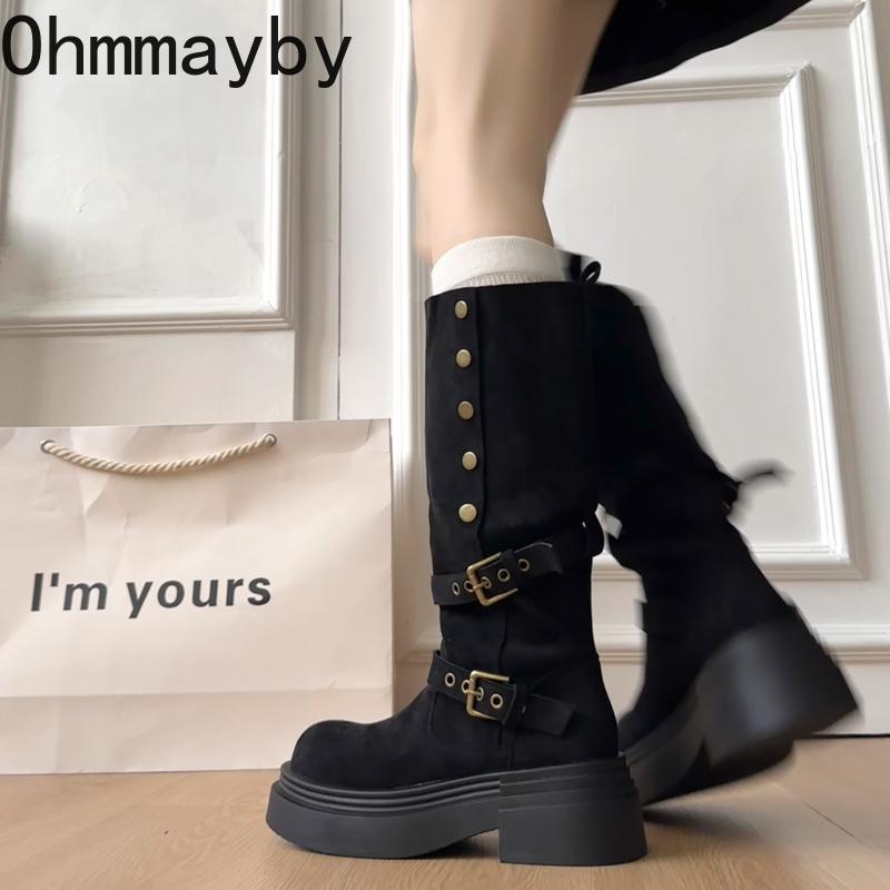 Winter Fashion Belt Buckle Knee High Boots Women Platform Heels Shoes Design Elegant Knight Long Boot