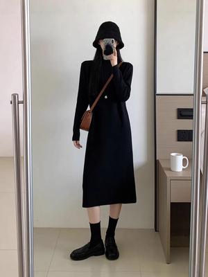 Petite Half-High Collar Knit Sweater Dress for Women - Autumn/Winter Base Layer