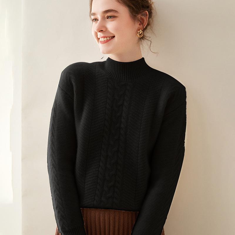 Women's Cashmere Semi-High Neck Long Sleeve Pullover - Solid Color, Casual, Loose, Thickened for Autumn/Winter.