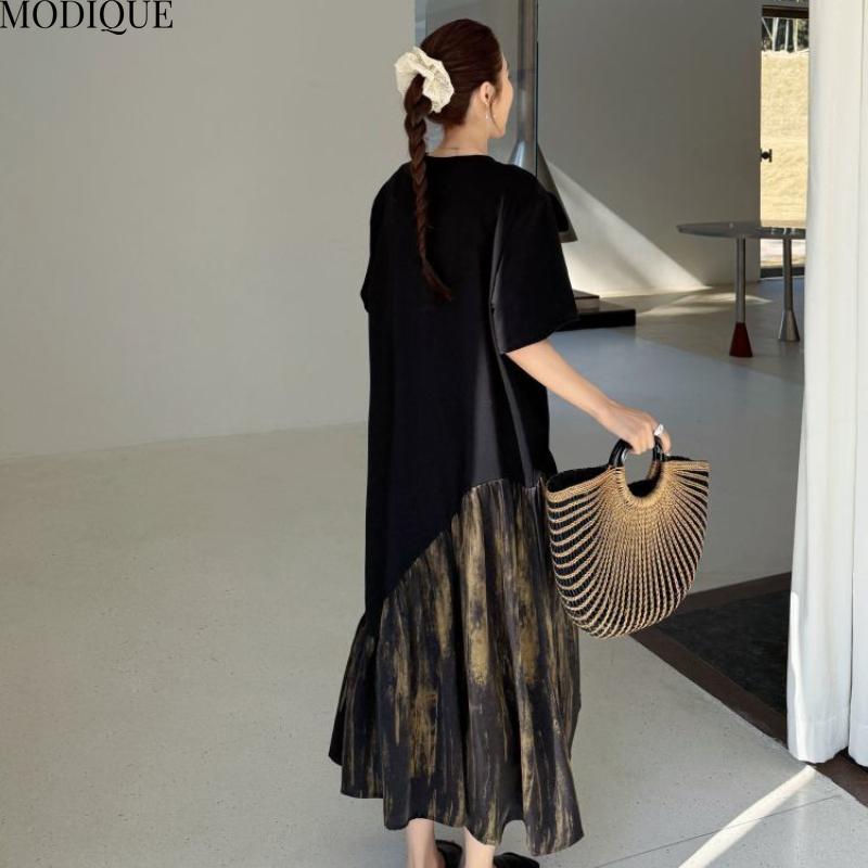 MODIQUE Summer Plus Size New Women Loose Basic T-Shirt Pleated Silk Patchwork Long Dresses Female Casual Short Sleeve O-Neck Dresses