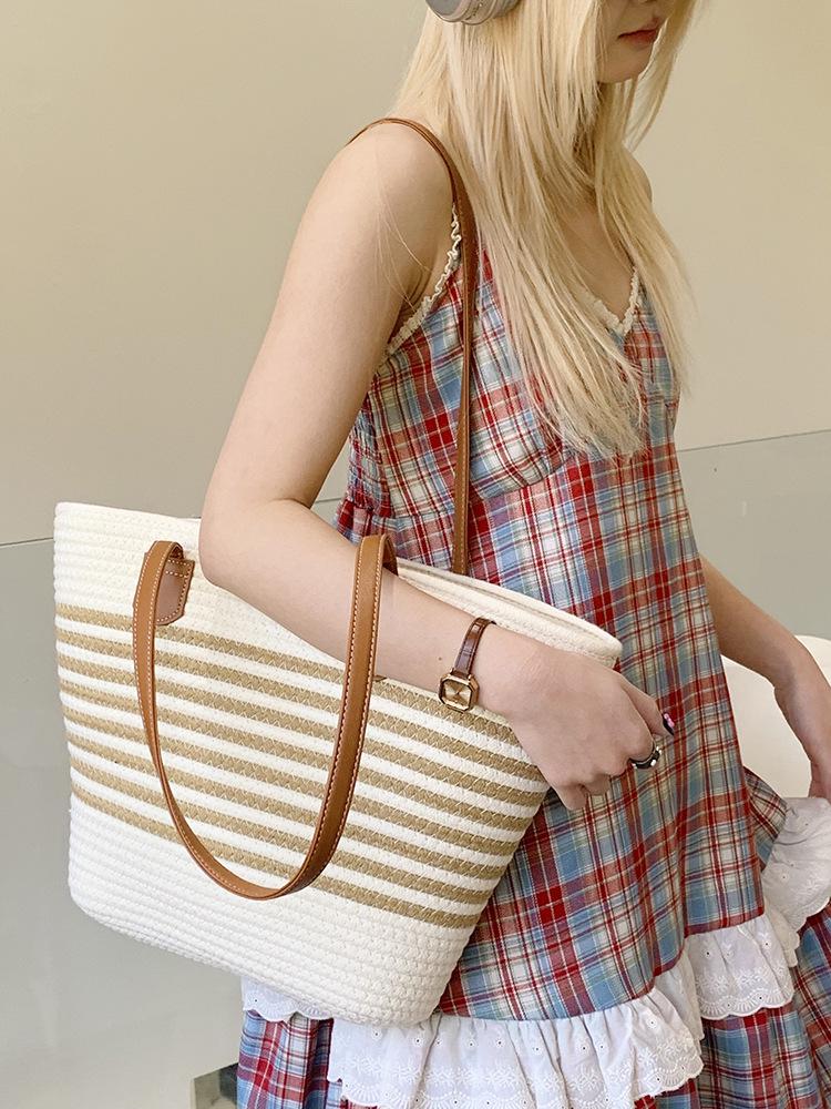 Stylish Large Capacity Striped Woven Beach Tote with Custom Logo
