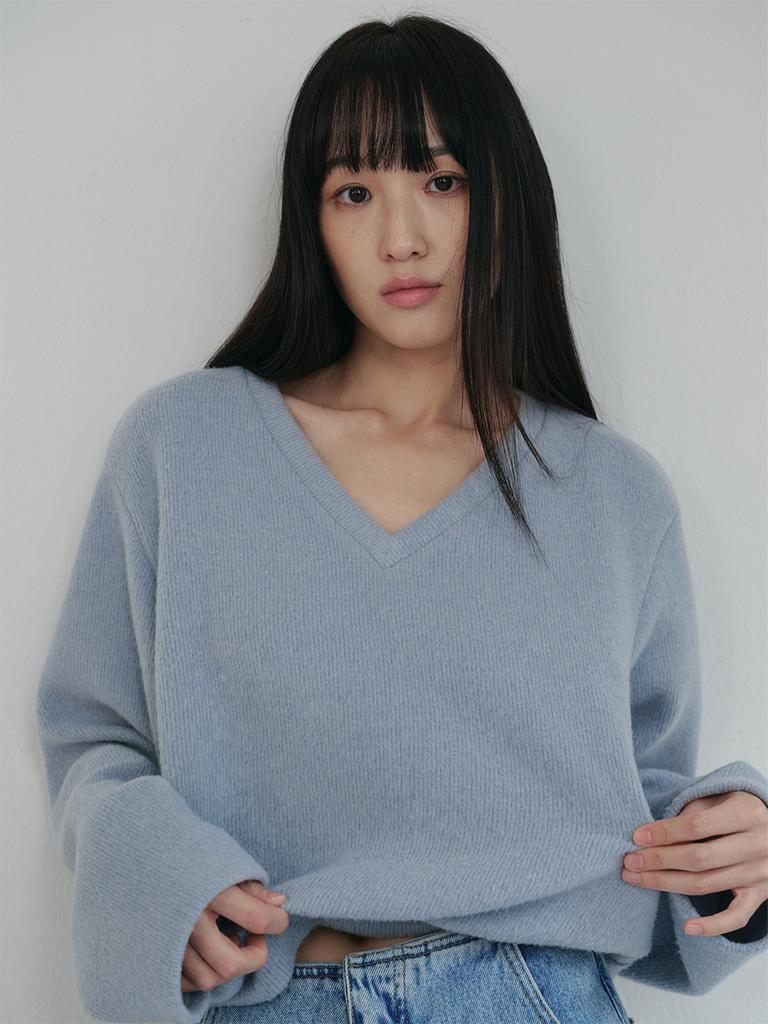 Piiipi Cozy V-Neck Cutout Pullover_Ash Blue