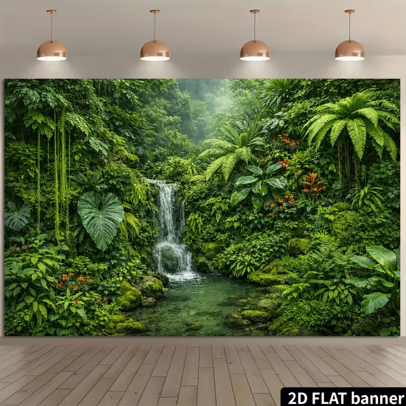 Tropical Rainforest Backdrop with Waterfall, Giant Leaves and Ferns Photography Background