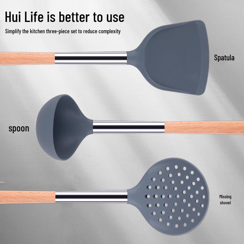 Silicone Kitchenware Set: Non-stick Spatula, Soup Ladle, Slotted Spoon with Wooden Handles - Heat Resistant, 3-piece Set.