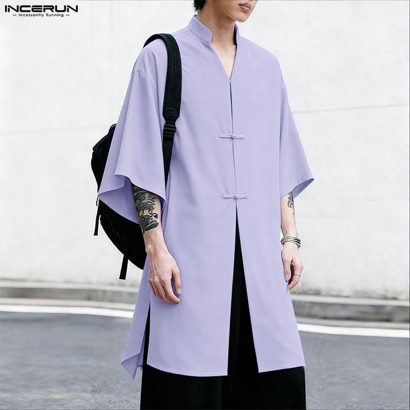 INCERUN Oversized Summer Men V Neck Half Sleeve Splits Casual Long T-shirts Tee Tops