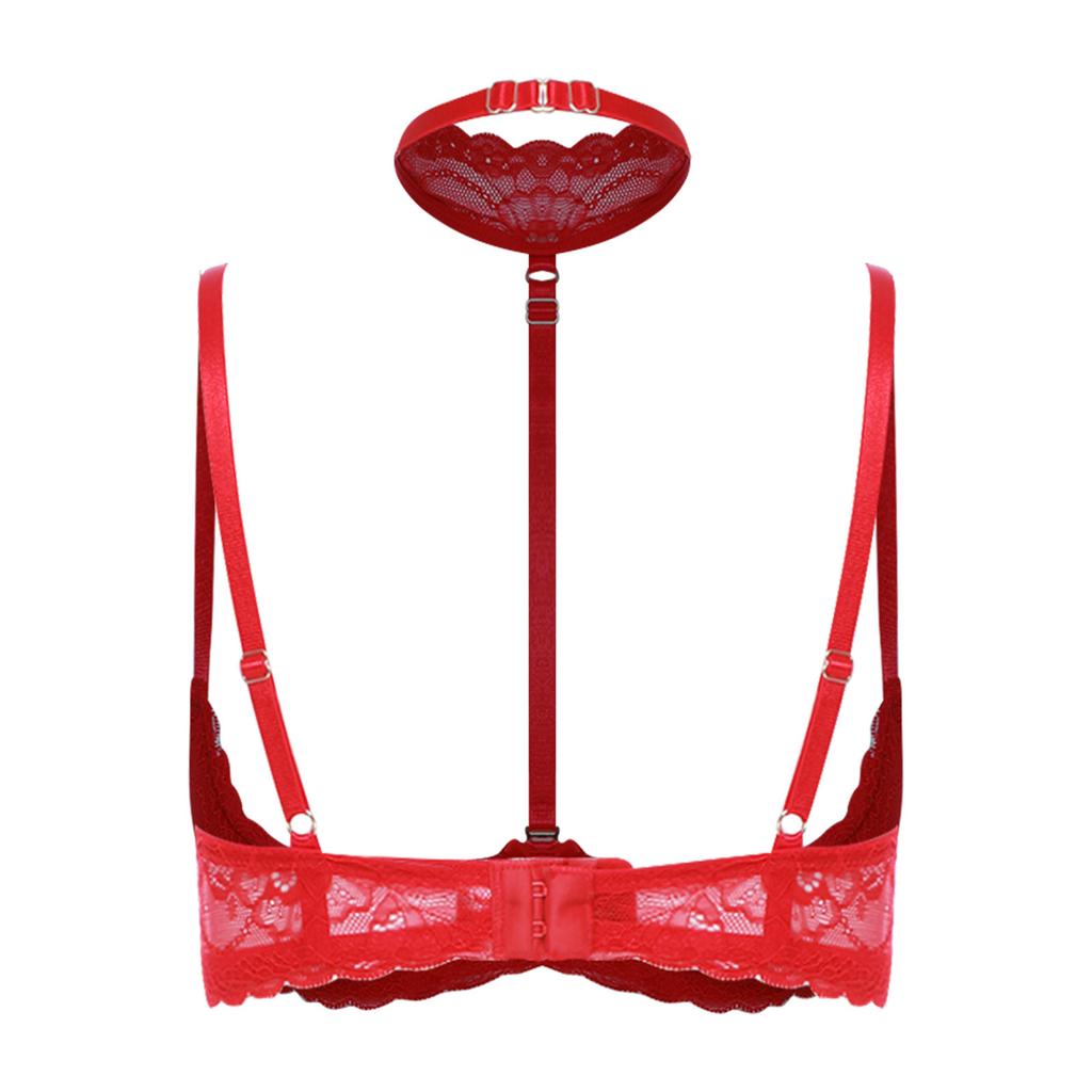 Damen 1/4 Cup Push-Up Ungefütterter Spitzen-BH Bügel-Balkonett-BH-Top Weiche Brustpolster Choker