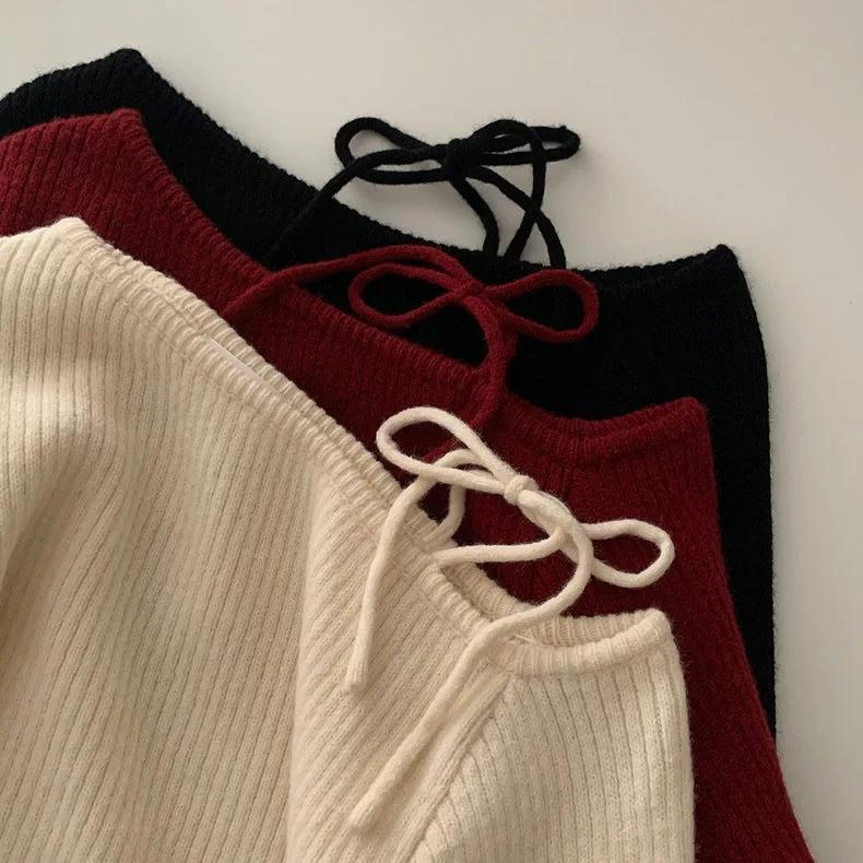 Slanted Collar Tied Irregular Pullover Women's Long Sleeved Knitted Tops Autumn Winter Korean Fashion Red Retro Sweaters