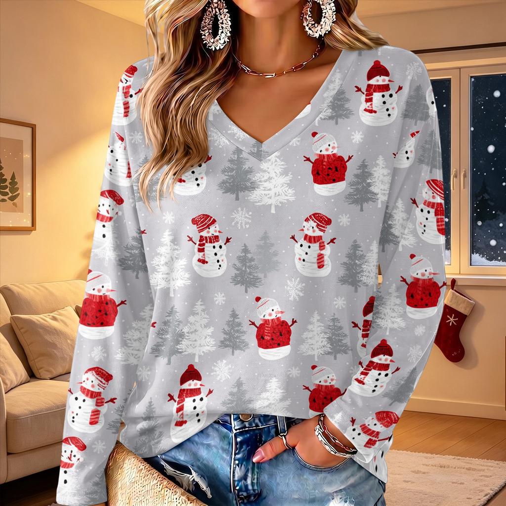 Blouse Légère pour Femme à Col en V et Manches Longues avec Imprimé Noël pour le Printemps Été