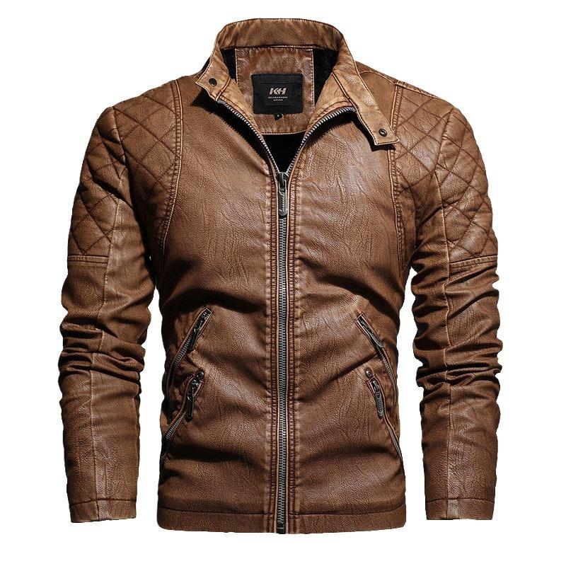 Men's autumn and winter leather jacket slim stand-up collar locomotive PU leather jacket fleece warm men's jacket retro