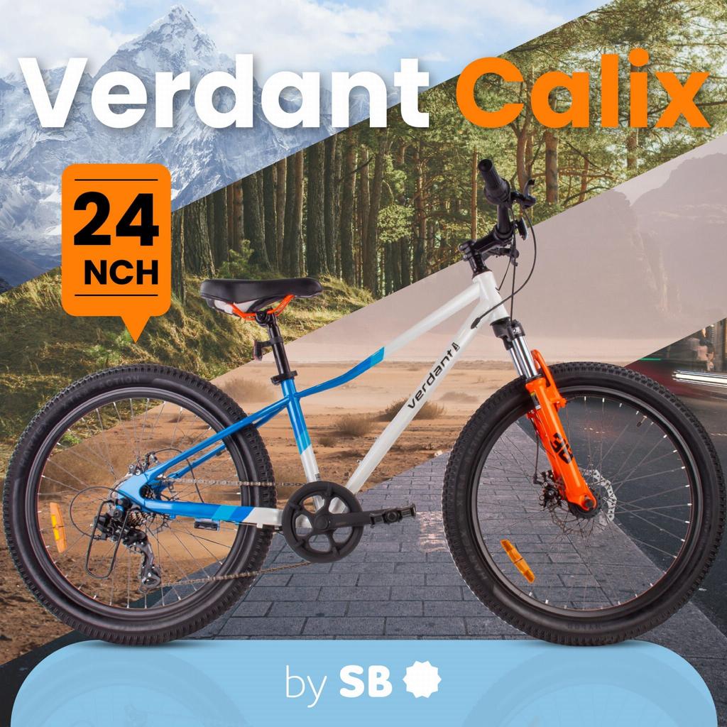 Rower Młodzieżowy Górski Mtb 24 Cale Dla Chłopca Dziewczynki Na Komunię Shimano 7 Biegów Z Amortyzatorem Szerokie Opony Calix Biały Niebieski