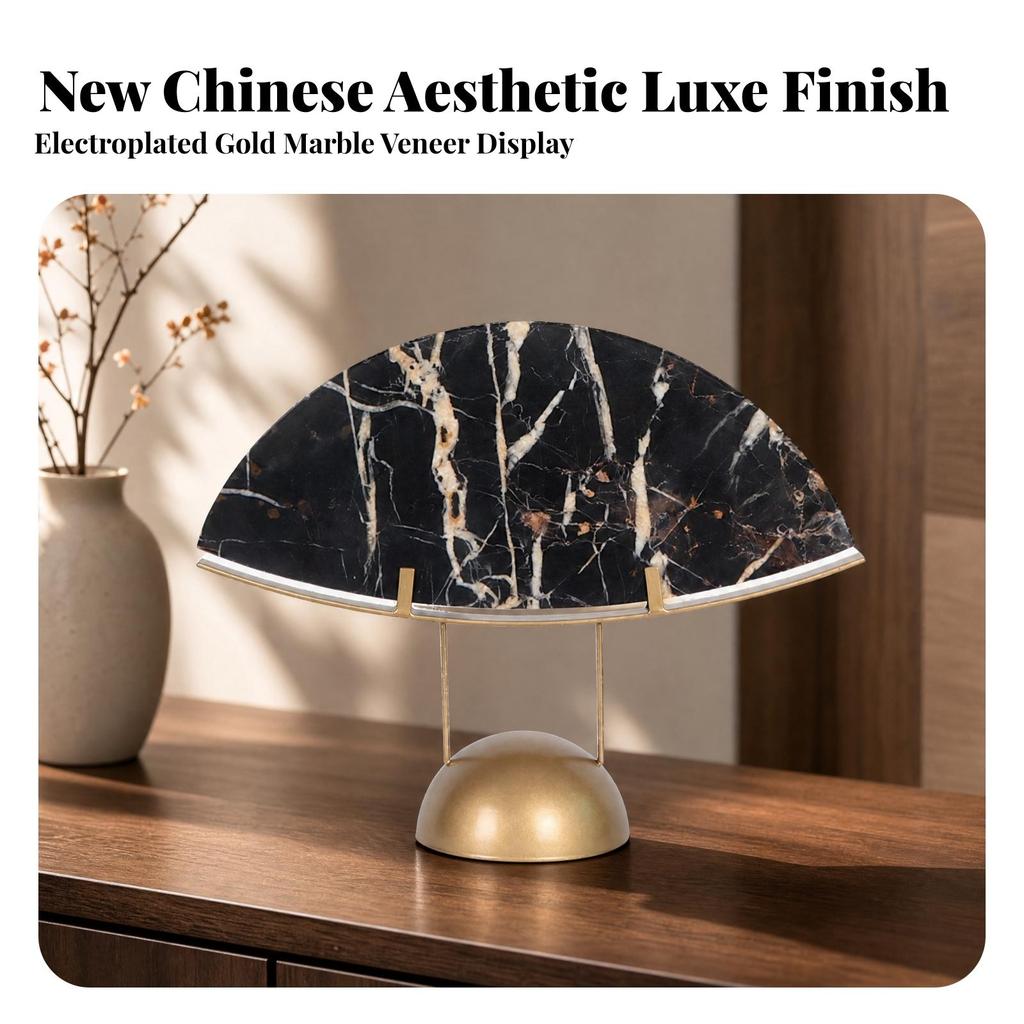 Semi-circular Stone Sculpture with Veined Panel for Tea Cabinet Decor