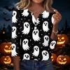 Womens Casual Halloween Print V Neck Button Up Three Quarter Sleeve T Shirt Top with Pumpkin and Pattern for Holiday
